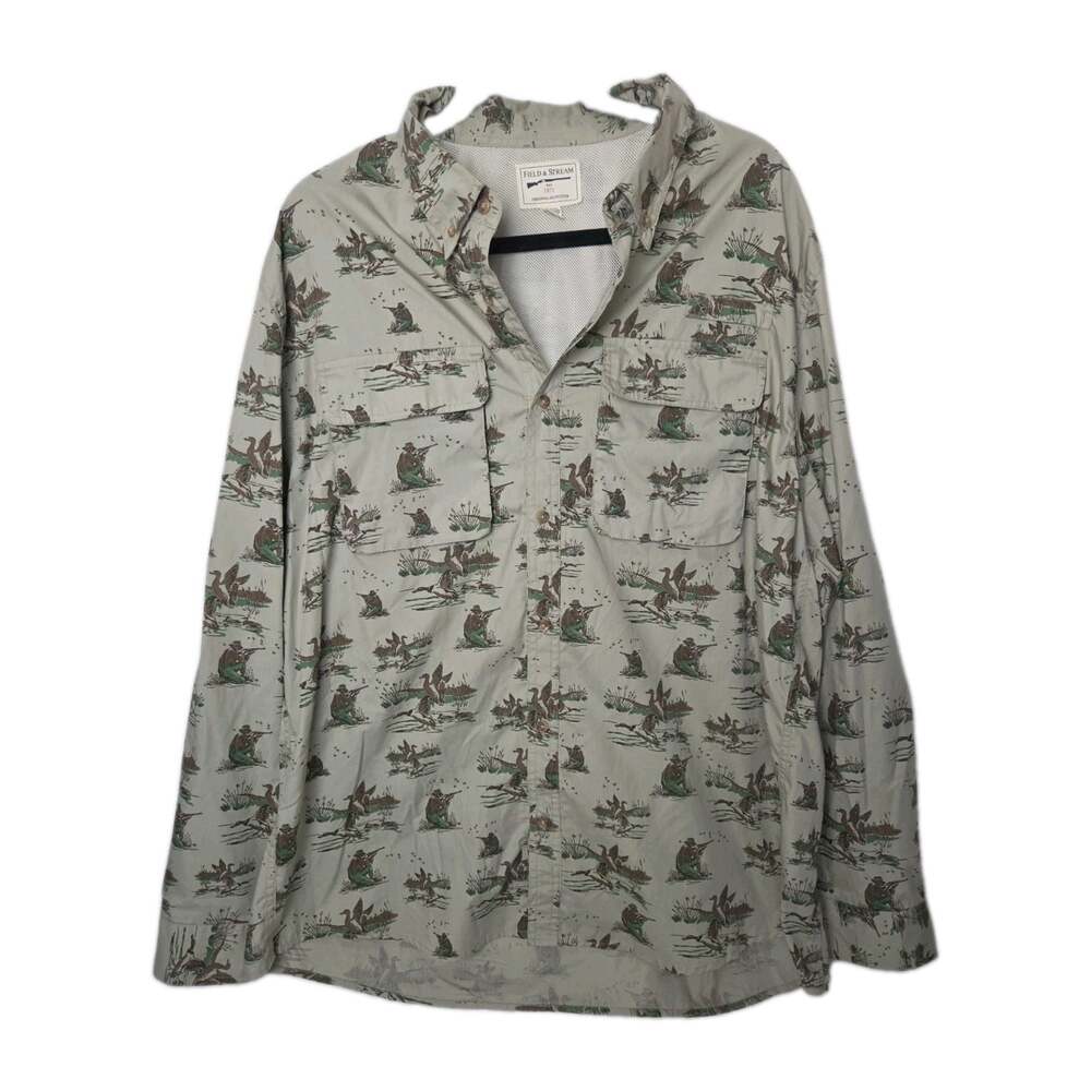Field & Stream XXL Khaki Camouflage Hunt Vented Mens Shirt w/ Duck Hunting Print